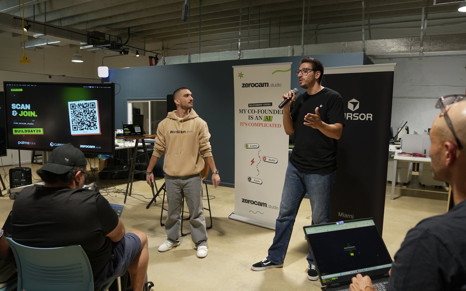 Ben Milshtein and Nima presenting at Cursor Miami Build Day, The DOCK, Wynwood